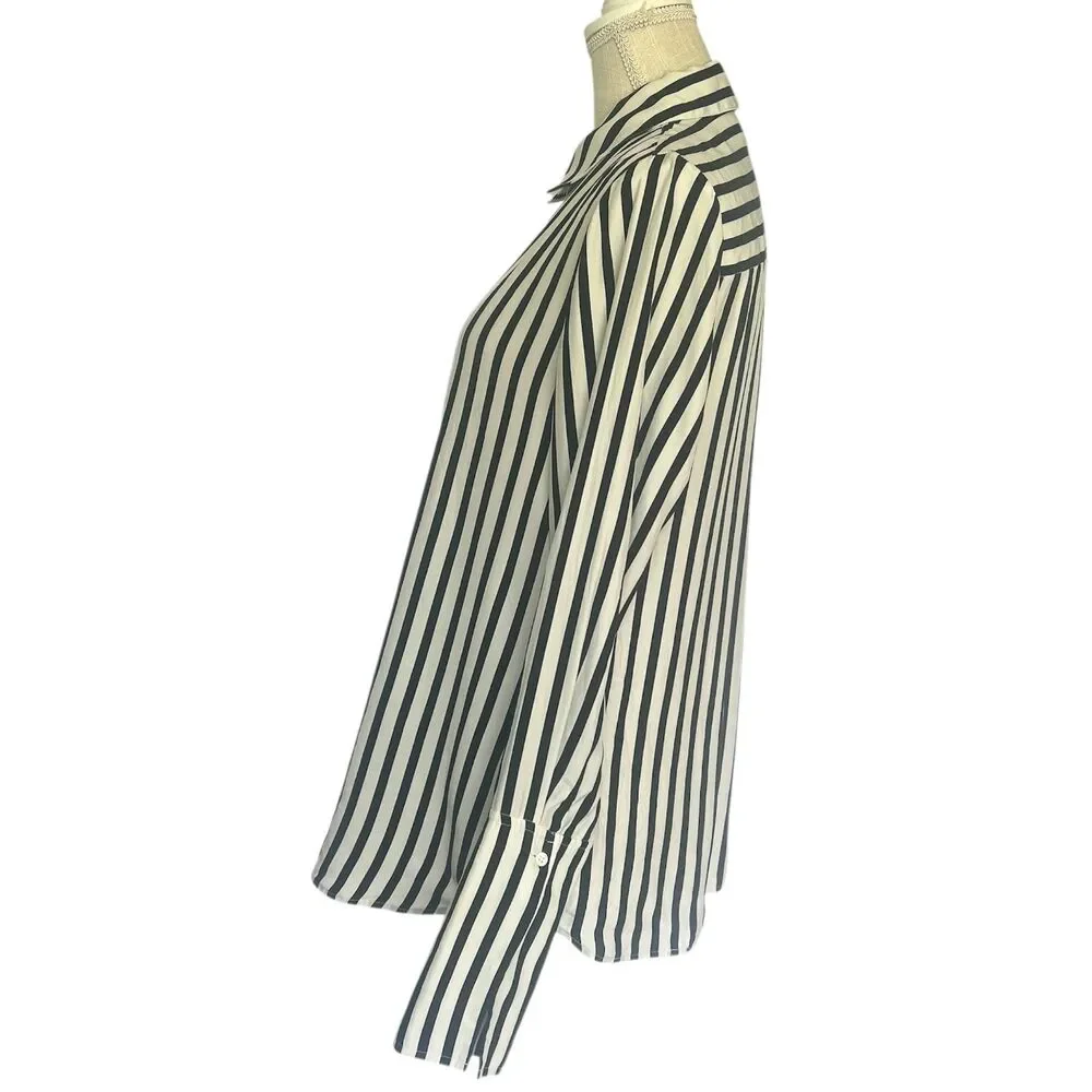 FRAME 100% Silk Blouse Medium Black & Cream Striped Button Up Classic Elegant - Picture 2 of 5
